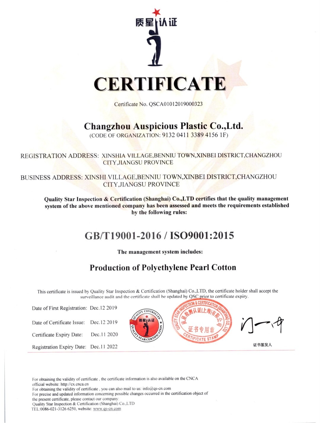 Китай Changzhou Auspicious Plastic Co., Ltd. Сертификаты